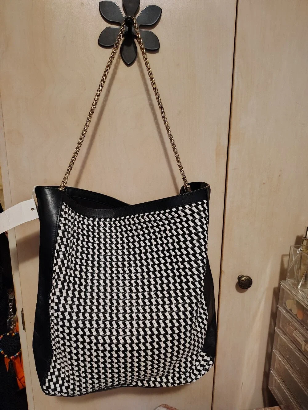 Tory Burch Erica Black And White Woven Leather Tote